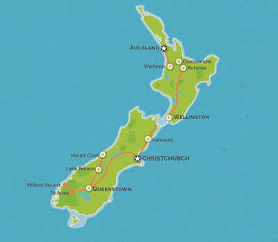 Route map for 13 Days Auckland to Queenstown Experience