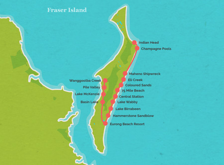 Route map for 2 Day Fraser Island Safari