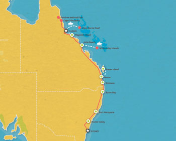 Route map for 14 Day Sydney to Cairns Tour