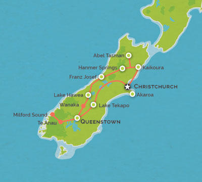 Route map for 15 Days South NZ Experience