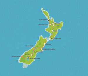 Route map for 17 Day Auckland to Queenstown