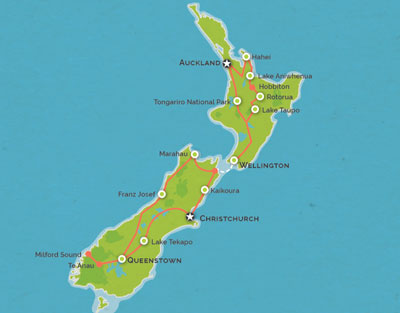 Route map for 18 Day Auckland to Queenstown