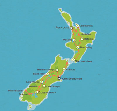 Route map for 19 Days Auckland to Christchurch Experience