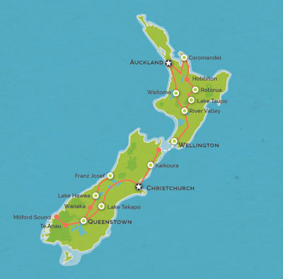 Route map for 21 Days Auckland to Christchurch Experience