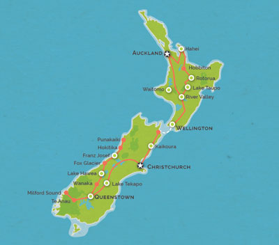 Route map for 24 Days Auckland to Christchurch Experience