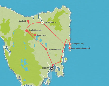Route map for 2 Day Cradle Mountain & Wineglass Bay Tour