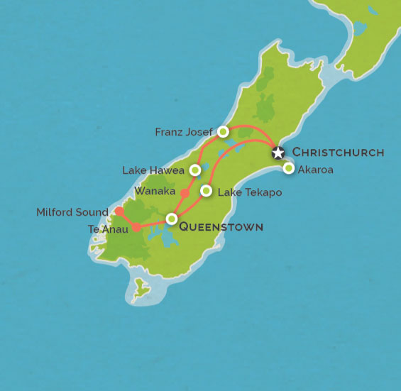 Route map for 8 Days South NZ Experience