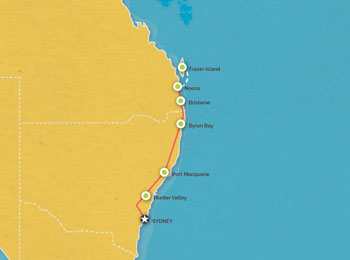Route map for 8 Days Sydney to Brisbane Tour
