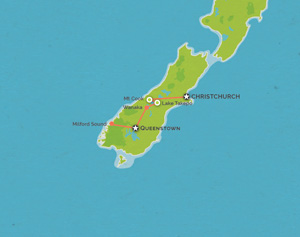 Route map for 9 Day Christchurch to Queenstown