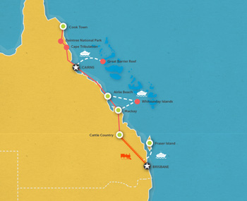 Route map for 14 Days Cairns to Brisbane Highlights