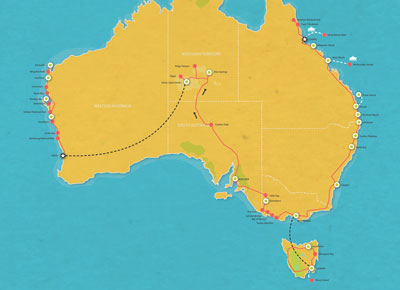 Route map for 52 Days Cairns to Perth Total Adventure