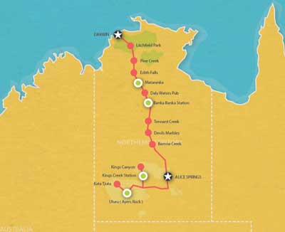 Route map for 7 Day Darwin to Alice Springs Adventure