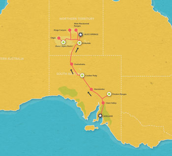 Route map for 7 Day Adelaide to Uluru Tour