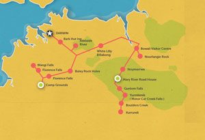 Route map for 3 Day Kakadu & Litchfield Tour