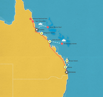 Route map for 10 Day Brisbane to Cairns Highlights