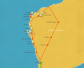 Route map for 10 Day West Coast and Karijini