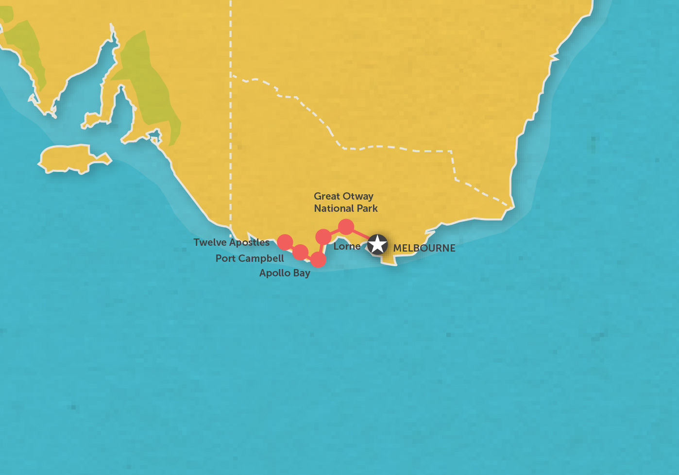 Route map for 1 Day Great Ocean Road + Rainforest Tour