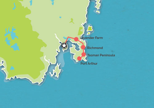 Route map for 1 Day Port Arthur & Lavender Farm