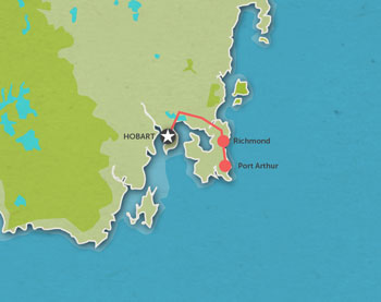 Route map for 1 Day Port Arthur Tour