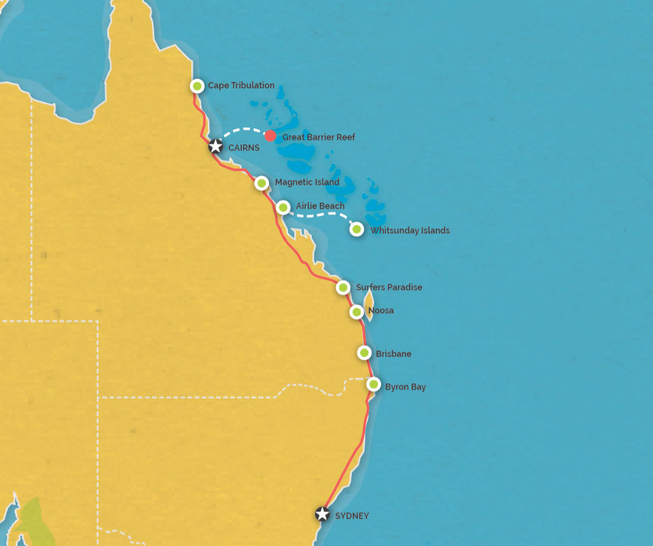 Route map for 21 Days Cairns to Melbourne