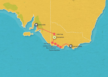 Route map for 2 Day Melbourne to Adelaide Tour