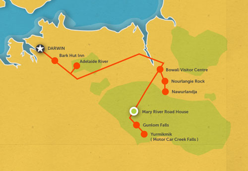 Route map for 2 Day Kakadu Tour