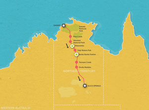 Route map for 3 Day Darwin to Alice Springs Tour
