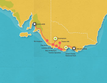 Route map for 3 Day Melbourne to Adelaide Tour