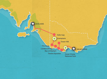Route map for 3 Day Adelaide to Melbourne Tour