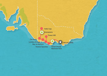 Route map for 2 Day Great Ocean Road & Grampians Tour