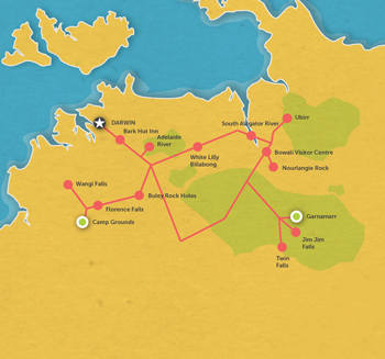 Route map for 3 Day Kakadu & Litchfield Safari