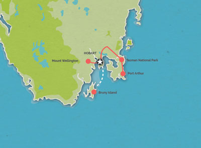 Route map for 3 Day Best of Tasmania Tour