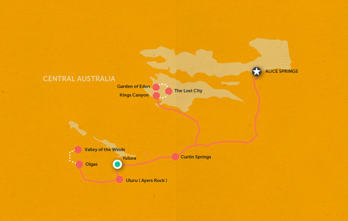 Route map for 3 Day Uluru Budget