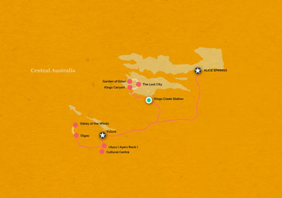 Route map for 4 Day Uluru Tour
