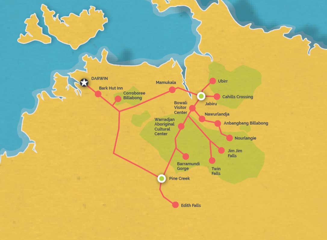 Route map for 4 Day Kakadu & Katherine Retreat