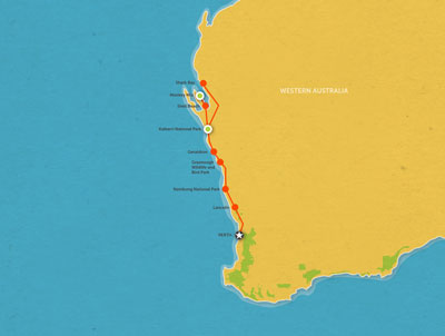 Route map for 4 Day Perth to Monkey Mia