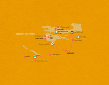 Route map for 4 Day Uluru & West MacDonnell Ranges