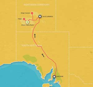 Route map for 6 Day Adelaide to Uluru