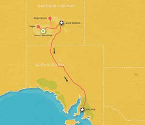 Route map for 5 Day Uluru to Adelaide