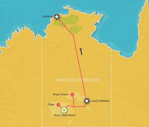 Route map for 6 Day Alice Springs to Darwin