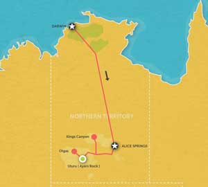 Route map for 6 Day Darwin to Alice Springs