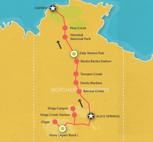 Route map for 5 Day Alice Springs to Darwin Tour