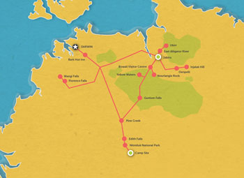 Route map for 5 Day Kakadu, Litchfield & Katherine Gorge