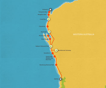 Route map for 8 Day Perth to Exmouth & Return