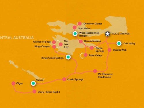 Route map for 5 Day Uluru Safari
