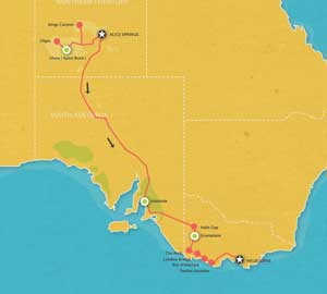 Route map for 8 Day Alice Springs to Melbourne