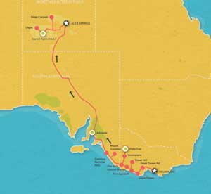 Route map for 8 Day Melbourne to Alice Springs
