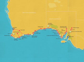 Route map for 10 Day Adelaide to Perth Tour