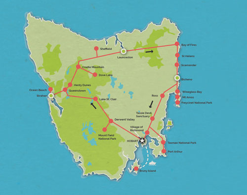 Route map for 10 Day Ultimate Tasmania Tour