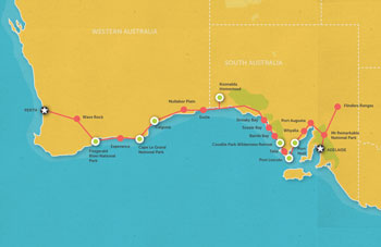 Route map for 10 Day Perth to Adelaide Tour